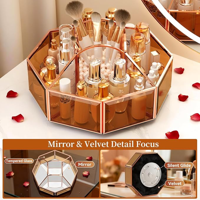 CoralHouse Rotating Glass Makeup Organizer for Vanity with Brush Holder | 5 clear compartments organize lipstick, perfume, palettes and skincare on a vanity, bathroom countertop or beauty station