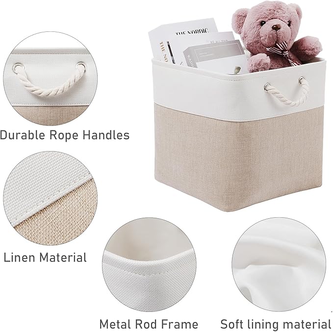 MidmmVick 12 x 12 Inch Cube Storage Bins, 6 Pack Large Collapsible Fabric Storage Bin with Ropes, Foldable Storage Cubes for Home, Office,Closet, Clothes, Toys Organizer (White & Beige)