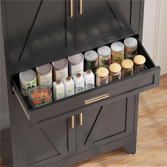 COFaR 71 in Tall Kitchen Pantry Cabinet with Drawer, Metal Pantry Storage Cabinet with 4 Adjustable Shelves and 4 Barn Doors, Freestanding Farmhouse Food Cupboard for Dining Room Garage, Black 6-Tier