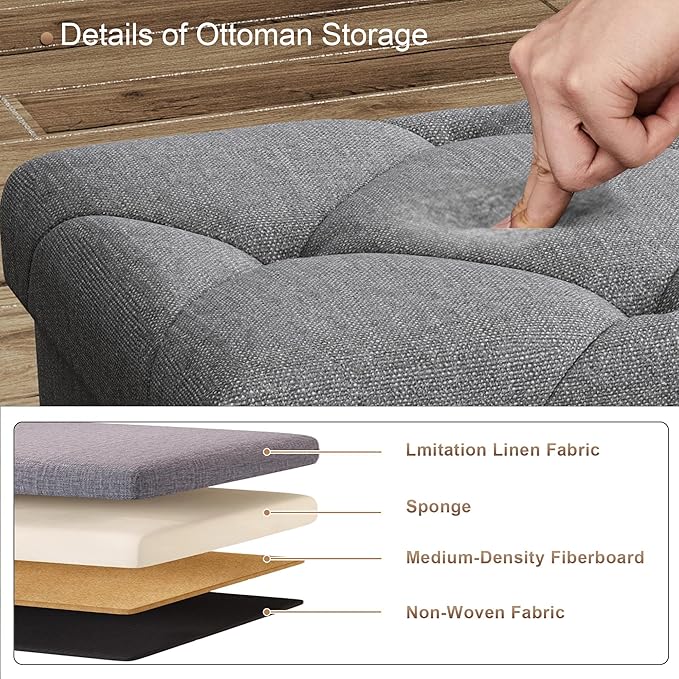 43 inch Storage Ottoman Bench, Folding Storage Bench Ottoman, for Bedroom, Living Room, and Utility Room, Grey (43.3'' W)