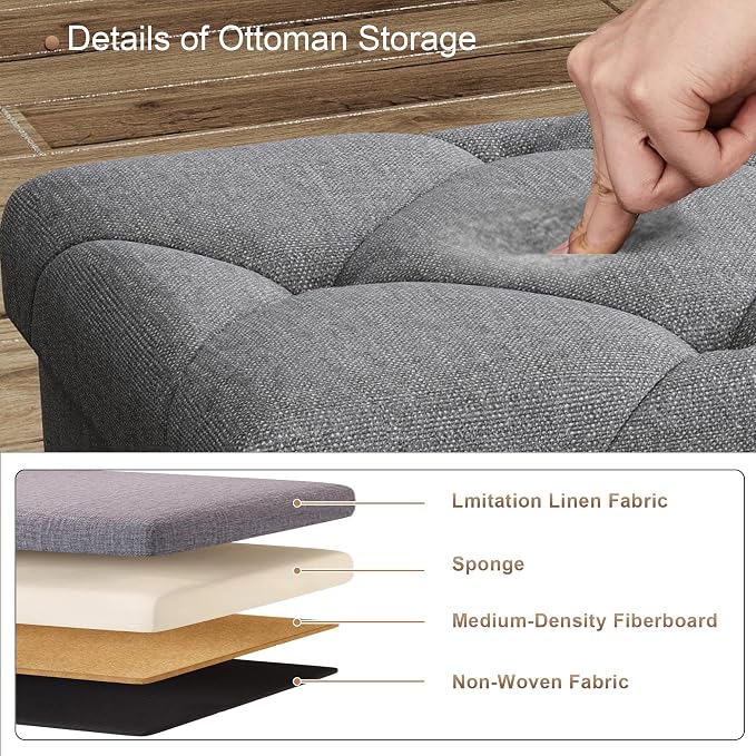 15'' W Storage Ottoman Bench, Folding Storage Bench Ottoman, for Bedroom, Living Room, and Utility Room, Grey