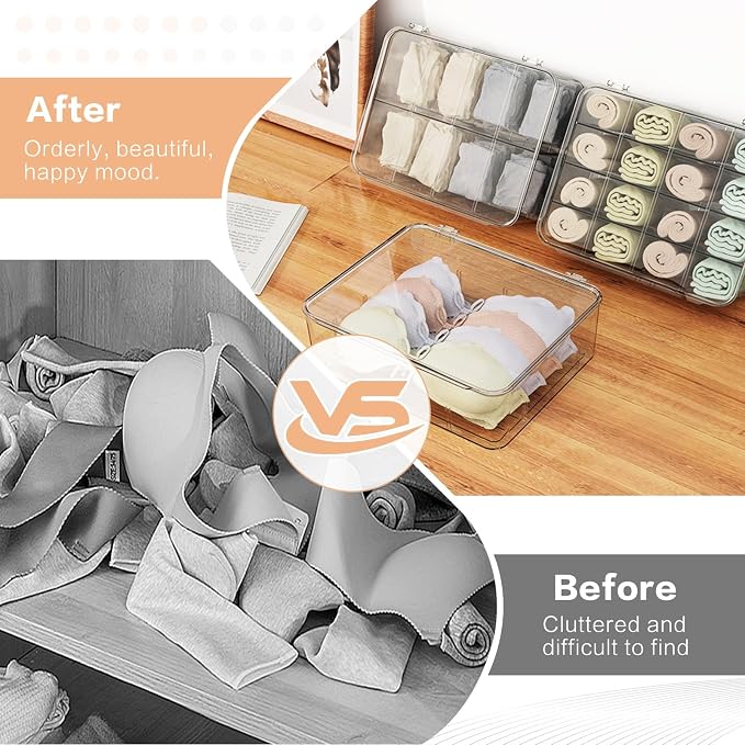 Sock Underwear Organizer, 16 Compartment Adjustable Dividers Tie Socks Underwear Drawer Organizers for Closet, Clear Plastic Storage Containers Box with Lids for Ties Scarf Socks Bras