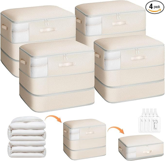 Homsorout 4 Pack Compression Storage Bags - 110L Large Capacity Comforter Storage Bag, 3-Layer Washable Ultra Space Saving Self Compression Organizer Space Bags for Blankets, Sweaters, Sheets, Beige