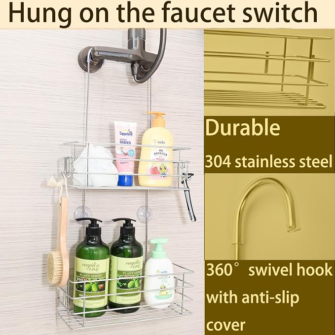 2-Tier Shower Caddy Hanging Shower Organizer Rack with Hooks Over The Door