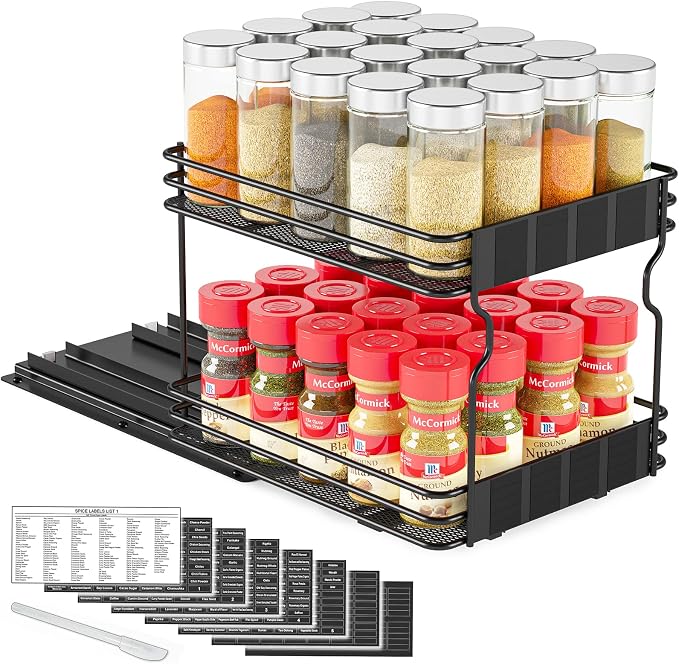 SpaceAid Pull Out Spice Rack Organizer for Cabinet, Heavy Duty Slide Out Seasoning Kitchen Organizer, Cabinet Organizer, with Labels, 8.5" W x10.75 D x8.5 H, 1 Drawer 2-Tier