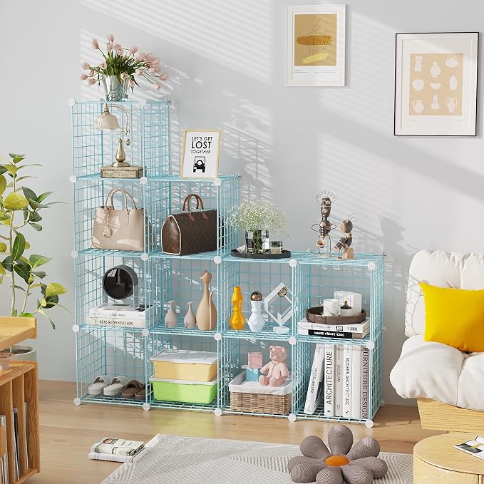 C&AHOME Wire Cube Storage, 12 - Cube Organizer Metal C Grids, Closet, Blue | Modular Shelves Units Storage Bins Shelving Bookshelf Shelf Cabinet