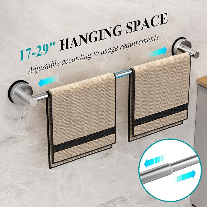 Towel Bar for Bathroom Wall,Adjustable 17~29 Inch Towel Racks for Bathroom Wall Mounted, Towel Holder for Glass Shower Door,Apparment Essentials,Home Decor-Silver(2pcs)