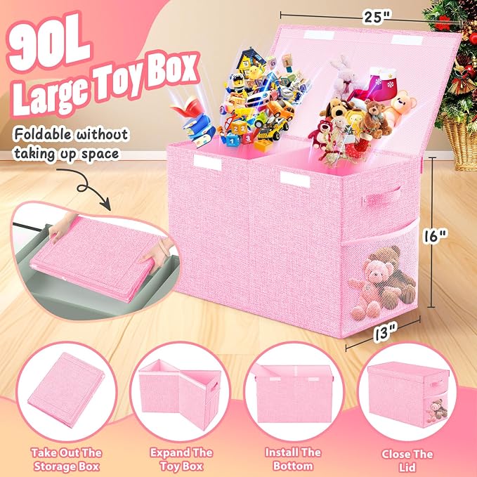 Large Toy Storage Box with Lid & Dividers, Collapsible Kids Toy Chest, Pink | Toy Box for Boys, Girls, Nursery, Bedroom, Living Room, Playroom, 25 x 13 x 16 inches