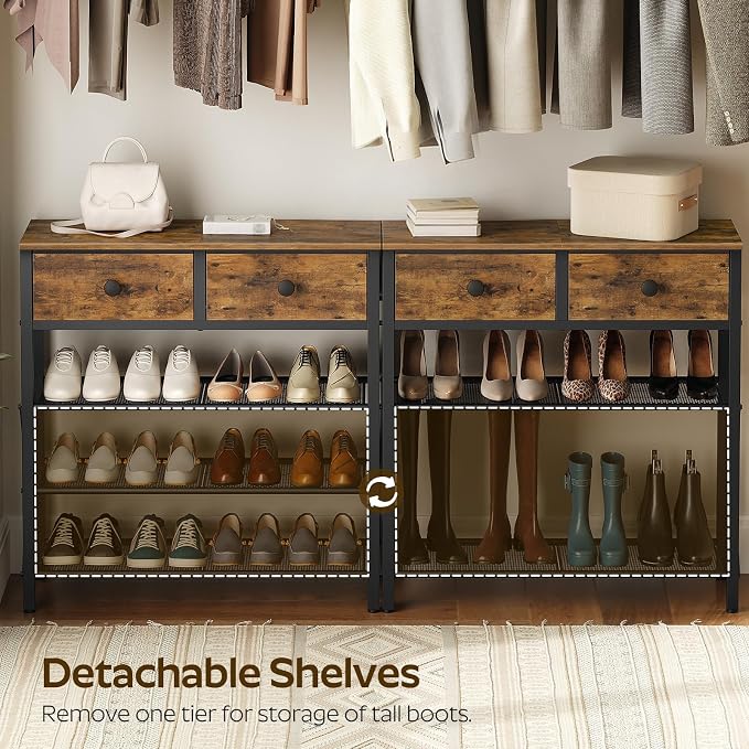 4 Tier Shoe Rack, Large Capacity Shoe Storage Organizer, Metal Shoe Shelf with Drawer and Wooden Top, for 16 Pairs of Shoes, for Entryway, Closet, Rustic Brown and Black SS24BR