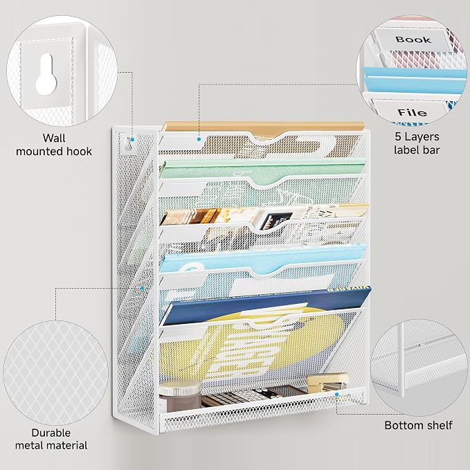 Lavatino 6-Tier Hanging File Organizer with Hooks – No Installation Needed, Wall-Mounted File & Magazine Organizer for Office and Home (White)