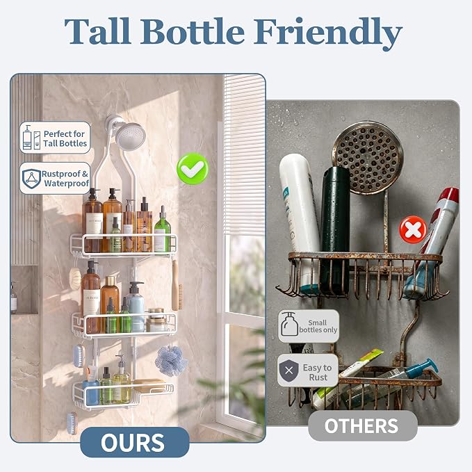 Skyapex Shower Caddy Hanging Bathroom Organizer: Over Head Adjustable Rack for Tall Showerhead - Extra Large Storage Shelf for Big Shampoo Bottles with Soap Holder (White)