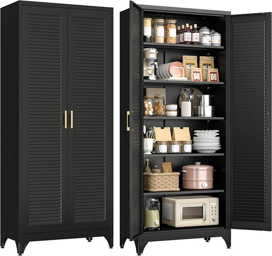 Polup 75" Pantry Cabinet, Tall Metal Storage Cabinet with Doors and Shelves | Black Kitchen Cabinet, 5 Adjustable Shelving, Heavy-Duty Steel, Louvered Doors, Gold Handles, for Garage Office & Laundry