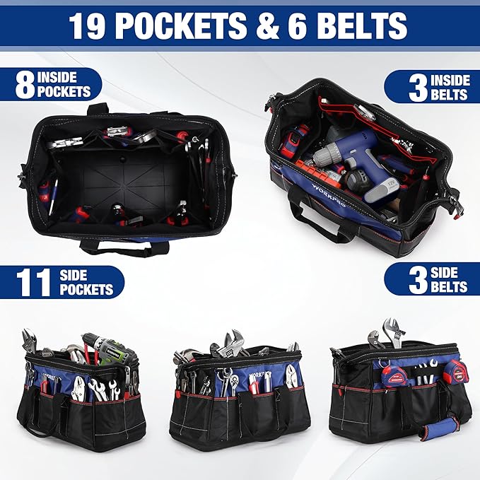 WORKPRO 16-inch Wide Mouth Tool Bag with Water Proof Molded Base | Multi-Pocket, Heavy Duty Cloth, Adjustable Shoulder Strap, Double-pull Zipper, For Workshops, Outdoor Projects