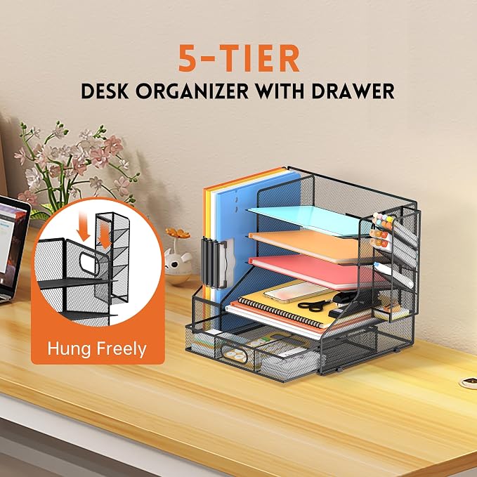 5-Tier Desk Organizer with File Holder & Pen Holder & Sliding Drawer, Black | Mesh Metal Paper Letter Tray for Papers, Mail, Office Supplies, and Desk Accessories