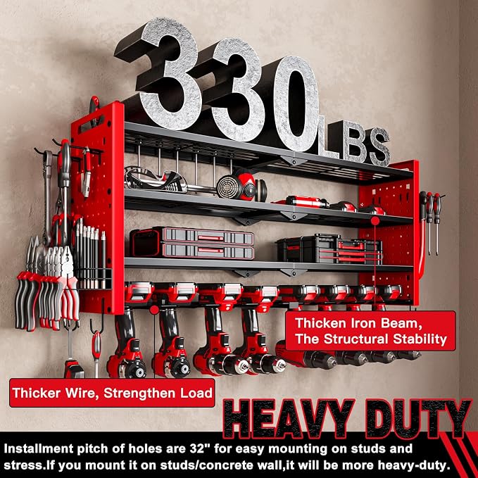NattyDot Power Tool Drill Holder Wall Mount, 4Tier Garage Organizer, Red | 4-tier Utility Rack Stores 8 Cordless Drills, Batteries and Accessories while Freeing Extra Garage Wall Storage Space