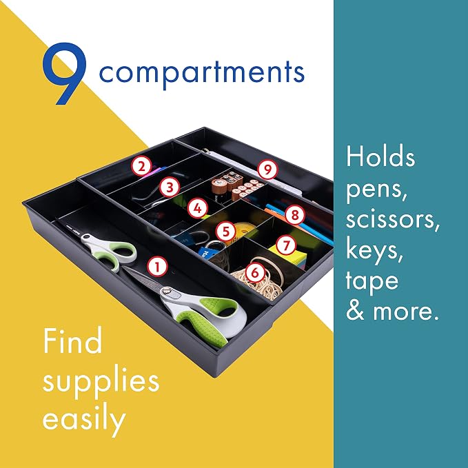 Dial Industries Expandable Office Drawer Desk Organizer Storage Tray | Adjusts to fit narrow or wide drawers, Keeps pens, tools and small items separated, Great for desks, offices or kitchens