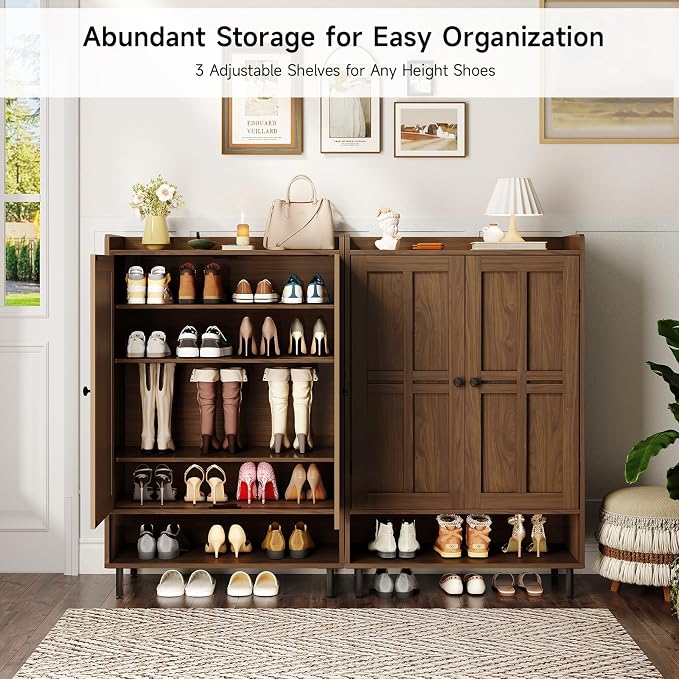 ONBRILL Shoe Cabinet with Cross Molding Doors, 6-Tier Shoe Storage Cabinet with 3 Adjustable Shelves and Metal Legs, 45'' Tall Shoes Rack Organizer Cabinet for Entryway, Front Door, Walnut