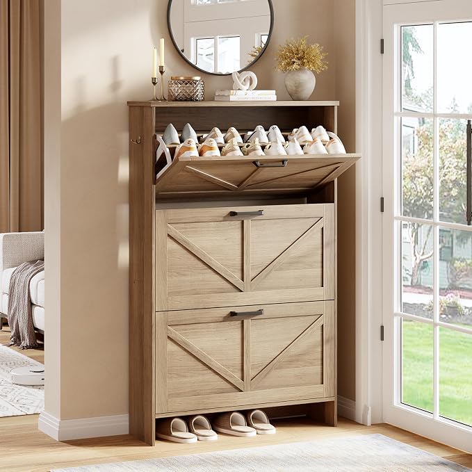 Shoe Cabinet for Entryway, 3 Flip Drawers Shoe Storage Cabinet with 3-Tier Adjustable Shelves, Ultra Slim Freestanding Hidden Shoe Organizer with Barn Door Design, Caramel Brown