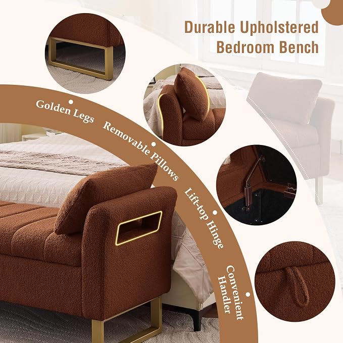 66" Storage Bench for Bedroom Upholstered End of Bed Bench King Size Brown | Long Bedroom Benches for Foot of Bed King,Teddy Storage Bed Bench with Gold Legs,2 Pillows for Entryway Windows Cloakroom