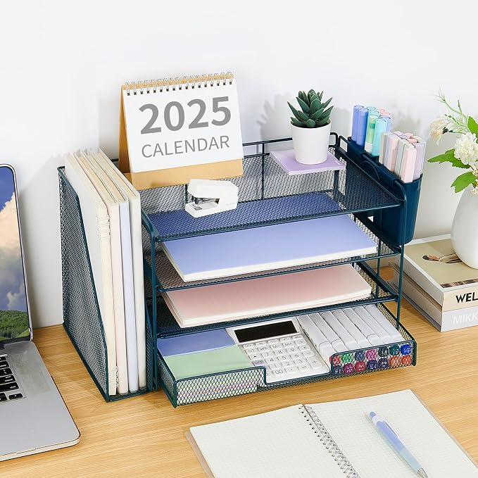 OPNICE Desk Organizer, 4-Tier Desktop File Organizer with Drawer and Pen Holders, Office Desk Accessories, File Sorters, Workspace Organizers for Office Supplies(Dark Blue)