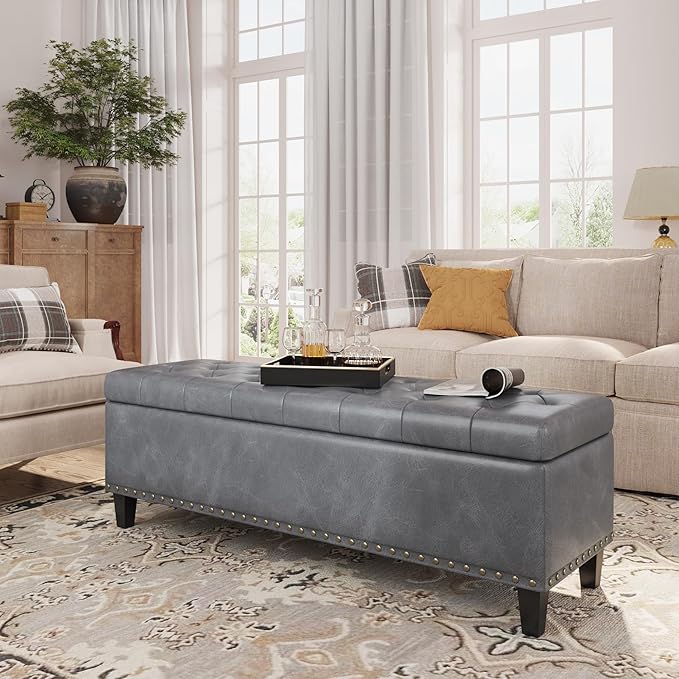 FiveWillowise 51 Inch Storage Ottoman Bench,Large End of Bed Storage Bench | Faux Leather Ottoman with Storage,30 Gallons,Upholstered,with Nailhead Trim,Legs,for Bedroom,Living Room,Entryway,Grey