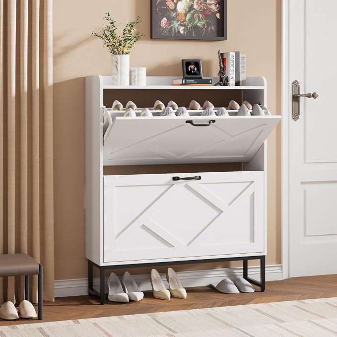 Nicetree Shoe Storage Cabinet with 2 Flip Drawers, Entryway Cabinet, White | Slim Shoe Cabinet with Metal Legs, Narrow Farmhouse Shoe Organizer for Entryway, Foyer, Hallway, Wood Shoe Rack with Hook