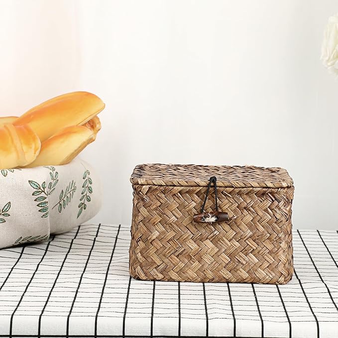 Hipiwe Seagrass Basket Bin with Lid X-Small Handwoven Wicker Storage Basket | Square Decorative Baskets Box for Shelf Multipurpose Household Baskets Organizer for Home Decor