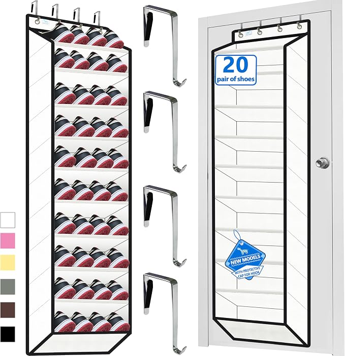 Over the Door Shoe Organizer, 20 to 30 Pairs Hanging Shoe Holder, Heavy Duty Extra Deep Pockets Shoe Storage for Closet, Anti-Scratch Hooks & FSC-Certified Bamboo - White