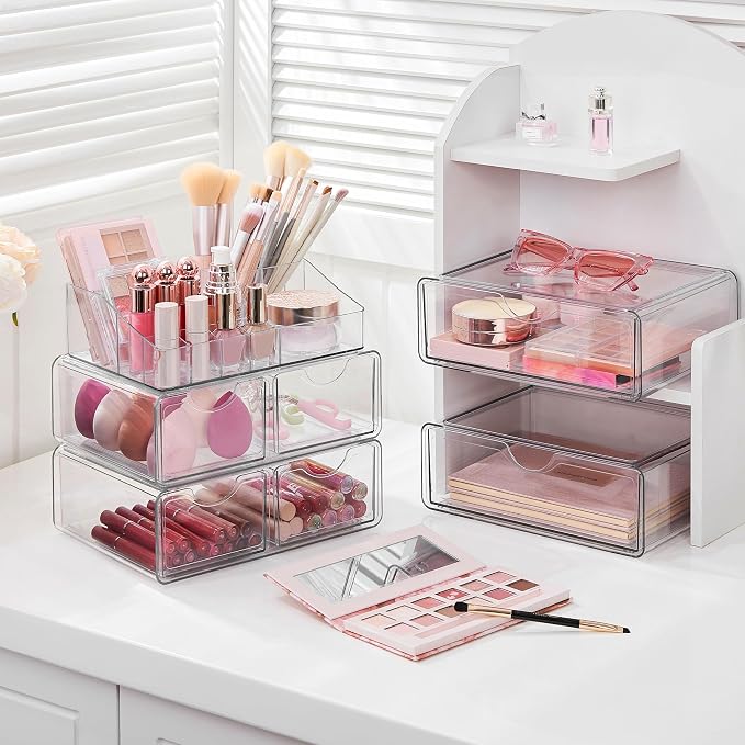 Vtopmart 5 Tier Clear Makeup Organizer with 6 Drawers | Smart Storage Layout, Clear for Better Visibility, Stackable, Large Capacity, for Makeup Lipstick Brush Skincare
