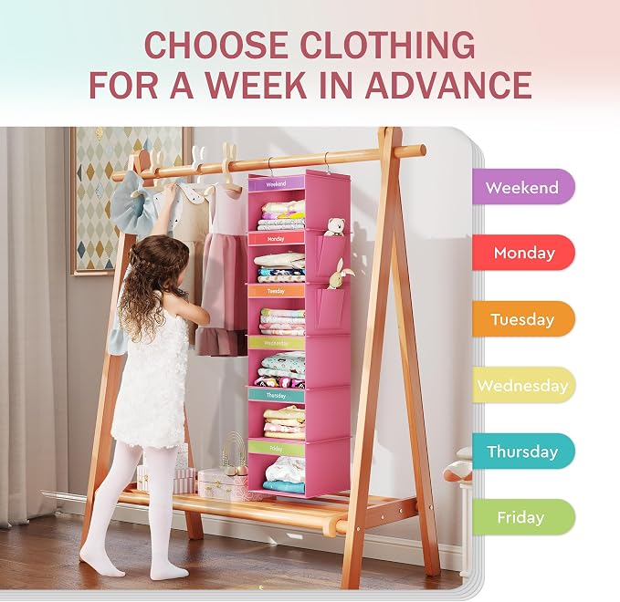 YOUDENOVA Weekly Clothes Organizer for Kids, Hanging Closet Organizer, Pink | Days of the Week Clothes Organizer, Reinforced Bamboo Slats, Kids' School Outfit Planning, Breathable Fabric, 2 Side Pockets
