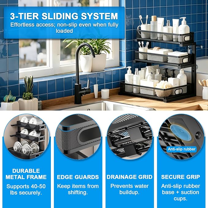 Under Sink Organizer,3-Tier Thickened Metal Pull out Cabinet OrganizerShelf | Height Adjustable Slide out Storage Drawer Rack for under sink organizer bathroom Kitchen,Laundry Room & Pantry