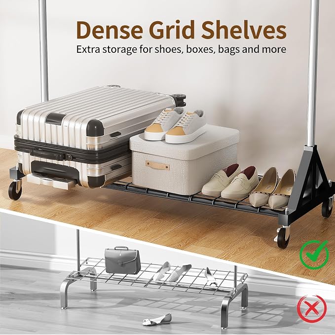 Luxspire Heavy Duty Clothes Rack with Lockable Wheels Load 600 LBS, Silver | Double hanging rods, heavy-duty iron mesh frame, adjustable extendable rods, ideal for laundry room & bedroom garment storage