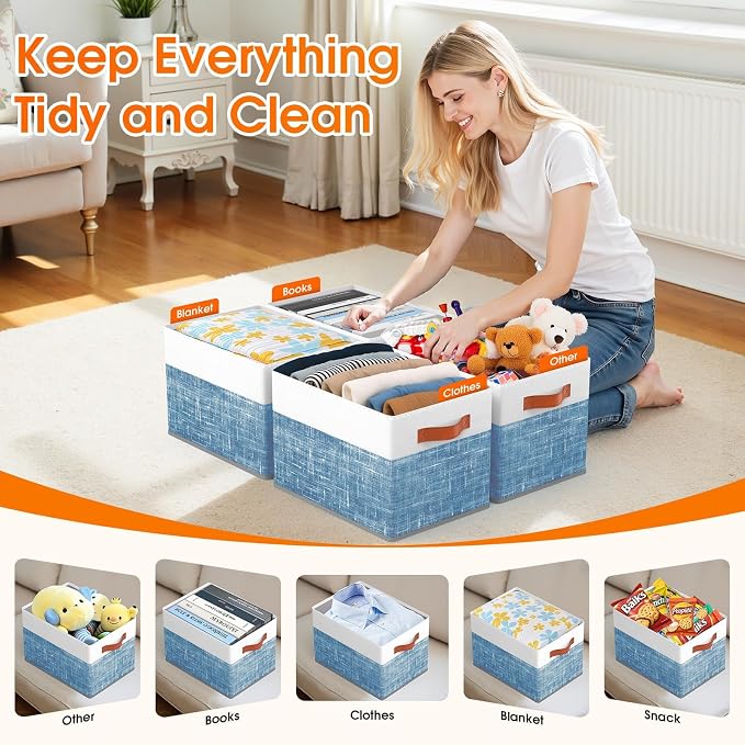 Fab totes Collapsible Storage Baskets for Shelves,14"x10", 6 Pack Foldable Fabric Storage Bins with Double Leather Handles, Large Baskets for Organizing Books, Clothes, White & Blue