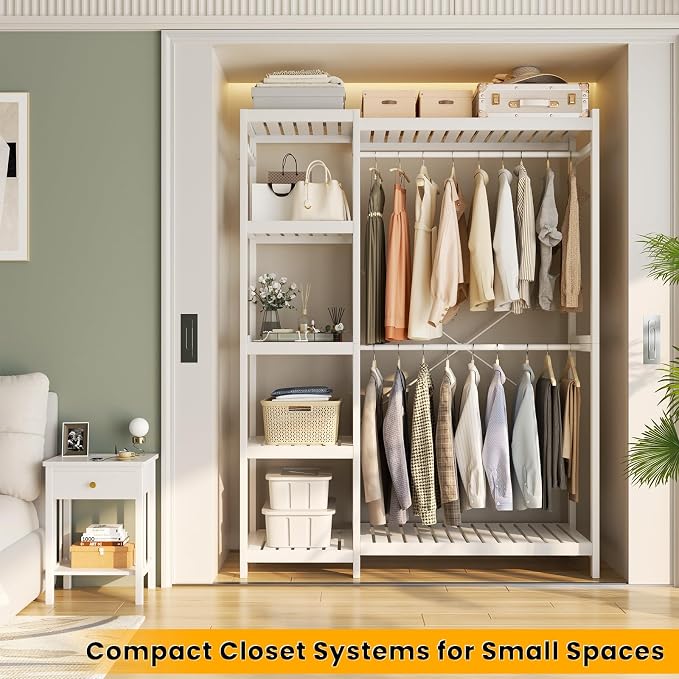 Bamboo Clothes Rack Garment Rack for Hanging Clothes, Heavy Duty Clothing Rack with 7 Tiers Adjustable Shelves, Double Rods, 4 Hooks, Freestanding Closet System Organizer Wardrobe, White