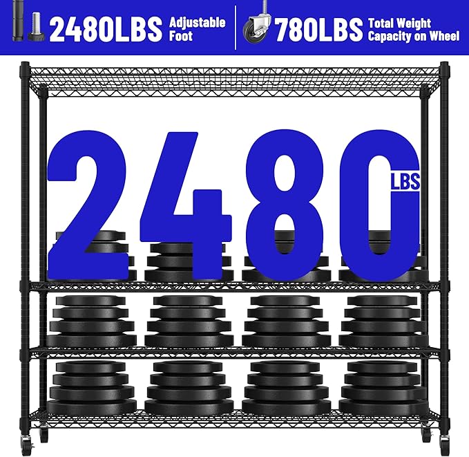 REIBII 4-Tier Heavy Duty Shelving with Wheels, 2480LBS Storage Shelf Rack | 1-inch (25.4mm) steel tube, industrial casters, lockable wheels, tool-free, rust-proof, garage, warehouse, pantry, commercial