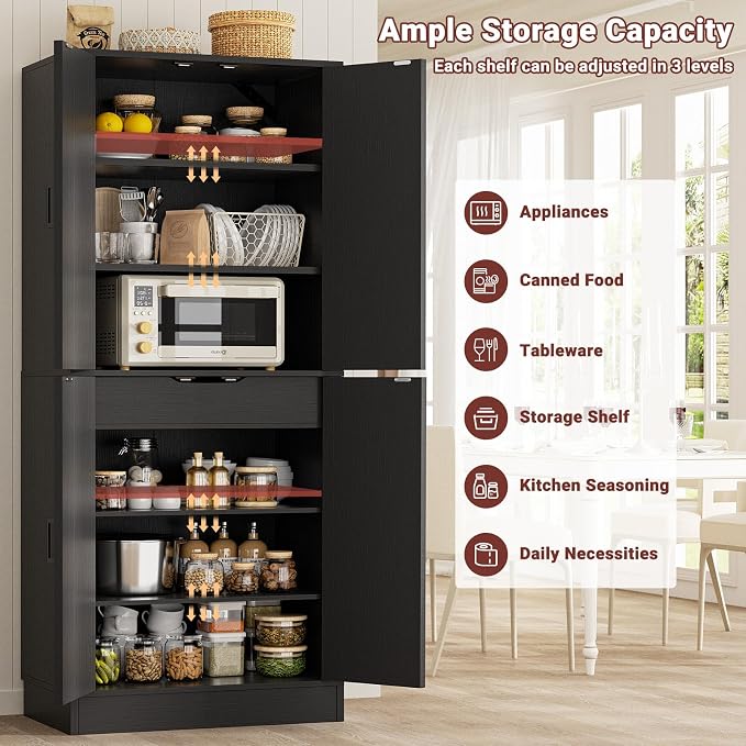 Unikito Black 71" Tall Kitchen Pantry Cabinet, Hidden Drawer and Farmhouse Barn Doors, 4 Adjustable Shelves, Freestanding Cupboard for Kitchen, Dining Room, Living Room, Utility Room