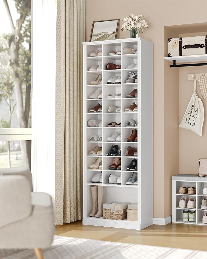 Hzuaneri 11 Tiers Shoe Storage Cabinet, Tall Shoes Cabinet with Cubby | Freestanding Wooden Shoe Organizer, 30-33 Pairs, Shoes Cubby Organizer for Entryway, Bedroom, White 02001BSR