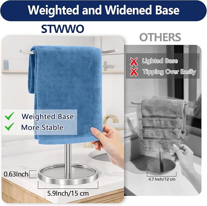 STWWO Hand Towel Holder, Stainless Steel Towel Holder Stand for Bathroom, Kitchen Countertop, T-Shaped Hand Towel Rack Stand, Brushed Nickel