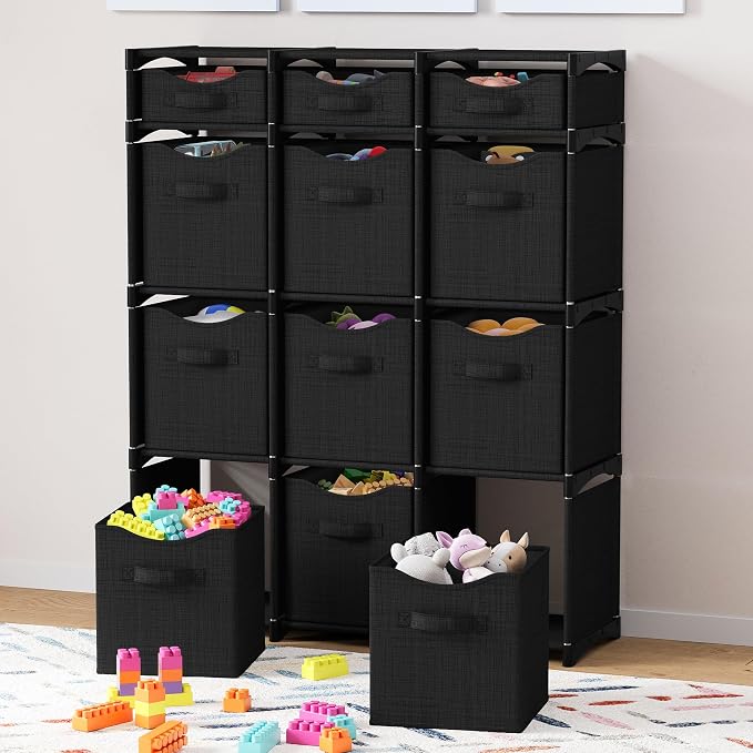 Cube Storage Organizer with Storage Bins Included - The Perfect Closet Organizers and Storage Solution. Includes 12 Storage Cubes, Great For Toy Storage, Closet Storage, Clothes Storage (Black)