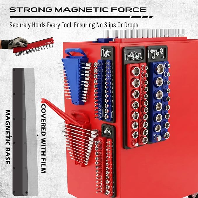 8-Piece Magnetic Socket and Wrench Organizer Set, Metric & SAE, 1/4", 3/8", 1/2"Drive Detachable Socket Storage Tray, 24-Slot Wrench Holder with Non-Slip Handle & Lock Cover for Toolbox Drawer Storage