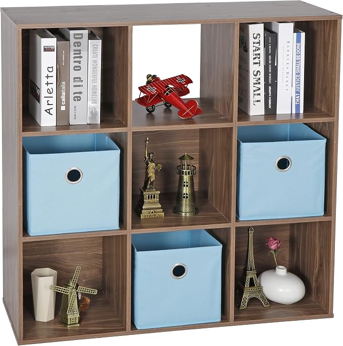 9-Cube Storage Organizer,Wooden Bookshelf Cube Storage,Freestanding Bookcase w/5 Removable Back Panels,Display Shelf Bedroom, Living Room, Home,Office,Study,Natural