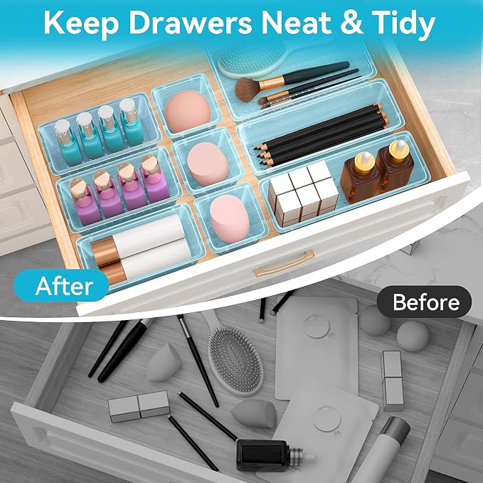 ElegantArray 12 PCS Drawer Organizer Set, Makeup Organizers, Sea Blue | 4 Sizes, Plastic, Stackable, Multiple Gadgets, Desk Drawer Divider Organizers, for Makeup, Office Supplies Storage