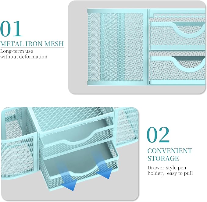 Mesh Desk Organizer, Desk Organizers and Accessories, Pen Holder with Drawers, Pencil Holder for Desk with 2 Drawer for Office Supplies, Blue