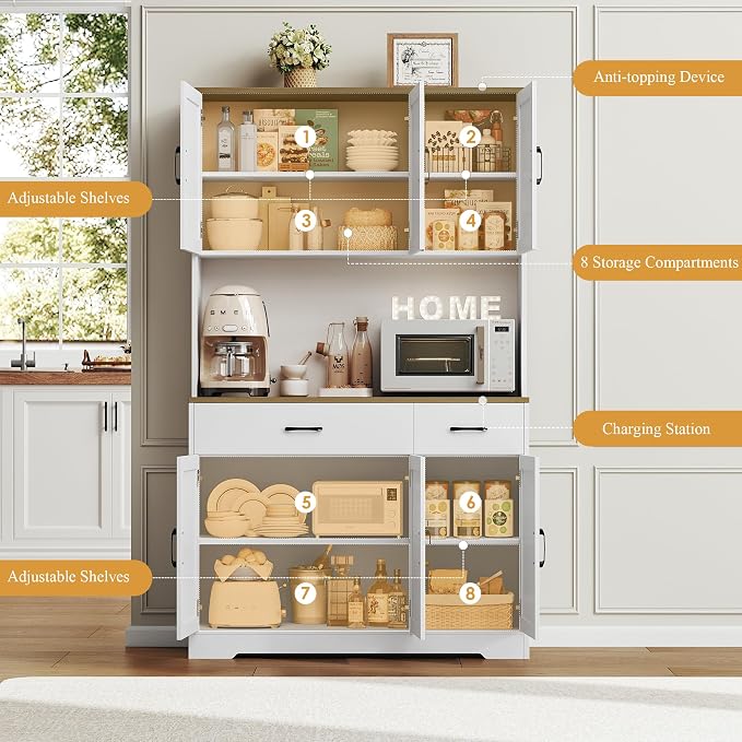 HOSTACK 71"H Kitchen Pantry Storage Cabinet, Farmhouse Hutch Cabinet, White | Space-Saving Pantry Cabinet with Charging Station & 2 Large Drawers & Adjustable Shelves, Tall Kitchen Hutch for Dining Room
