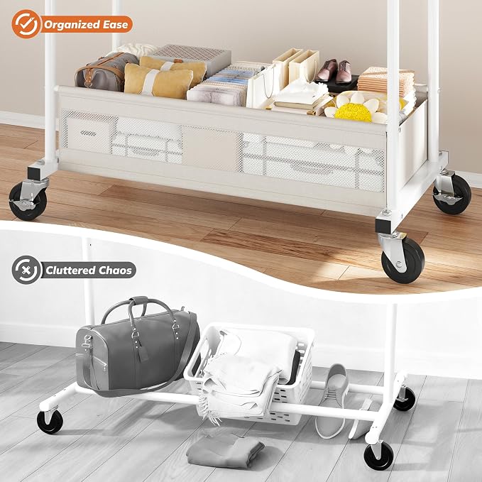 Clothes Rack 210 LBS Double Rods Extra Storage Basket | Rustproof Coated Steel, Anti-bending Design, 360° Sturdy Wheels, 10-Min Tool-Free Assembly, Metal Garment Rack for Home