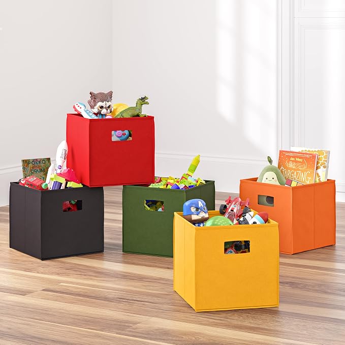 RiverRidge Folding Storage Bins - 2-pack of 10in Tall Olive Cubes | Fabric Bins, Set of 2 Storage Cubes, Cut-out Handles, Playroom Closet Organizer, Collapsible Cubby with Bottom Board Insert