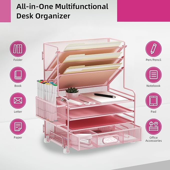 MINDEPOT 4-Tier Paper Organizer + 3-Pocket File Holder + Drawer + Pen Holders, Desktop File Organizers Paper Tray for Office Supplies School Classroom Organization (Pink, with Drawer & Pen Holder)