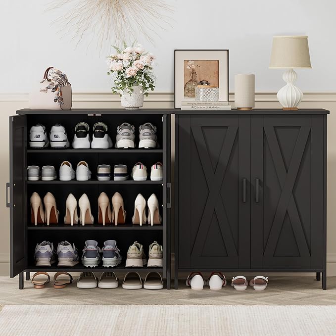 Homleke Farmhouse Shoe Cabinet with 2 Barn Doors & Wood Legs | Tall 4-Tier Shoe Storage Cabinet, 3 Adjustable Shelves, Shoe Rack Organizer, for Entryway, Hallway, Closet, Black