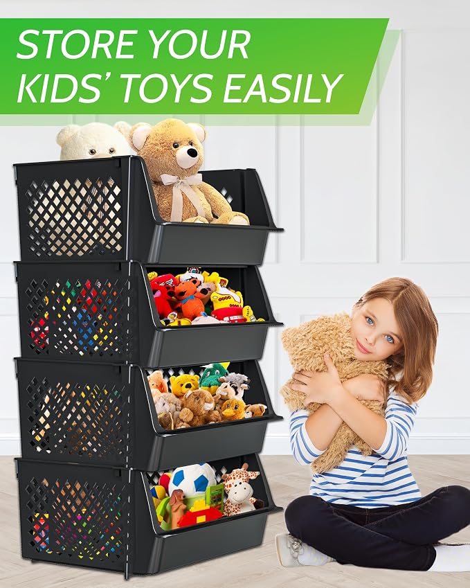 Large Stackable Storage Bins Open Front for Pantry Storage, 4 Pack - Black | Sturdy Plastic, Easy Stacking, Open Front Access, Ventilated Sides, Vertical & Space Saving Pantry Organizers and Storage Bin