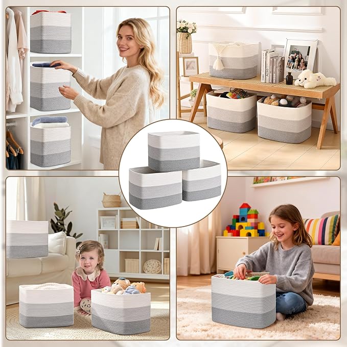 3 Pack Cube Storage Bin, 17”x12”x12” Cotton Rope Woven Baskets for Organizing Toys Clothes Towels, Square Gift Storage Baskets for Shelves, Nursery, Closet, Bathroom, Pantry (Gradient Grey)
